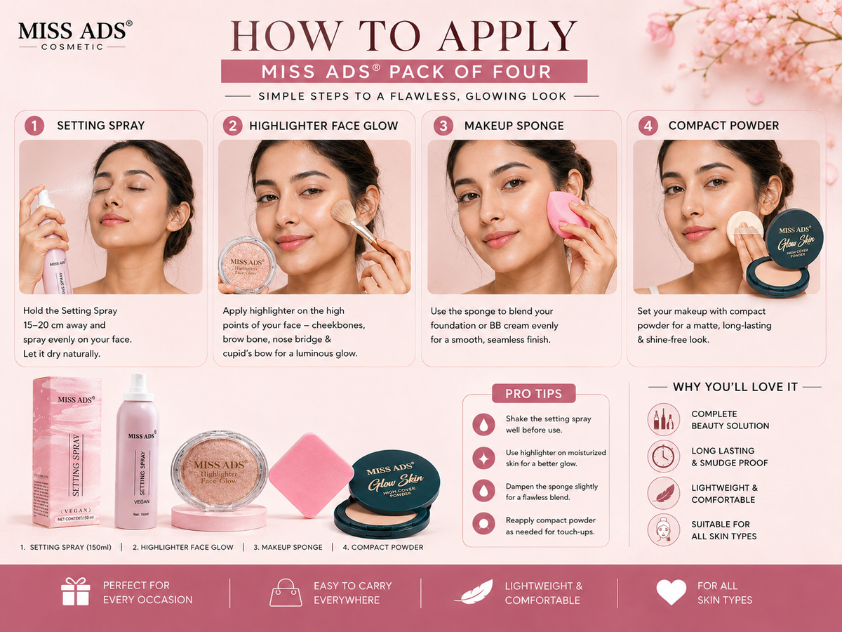 MISS ADS COMBO (MAKEUP FIXER, HIGHLIGHTER, DUAL COMPACT, BLENDER)