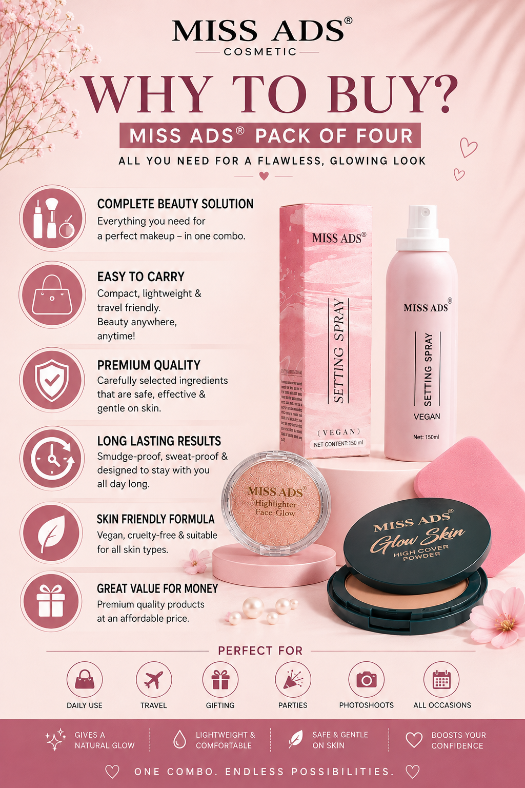 MISS ADS COMBO (MAKEUP FIXER, HIGHLIGHTER, DUAL COMPACT, BLENDER)